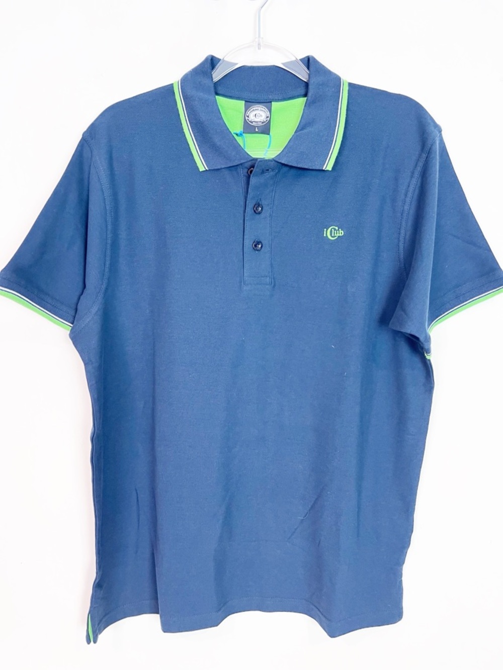 NAZARENO ICLUB NAVY BLUE GREEN TRIM POLO GOLF SHIRT MENS SZ LARGE NWT